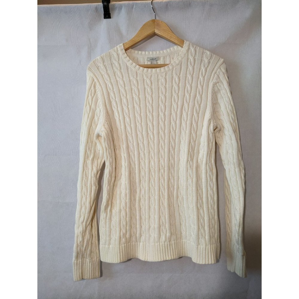 L.L Bean White Crewneck Long Sleeve Cotton Cable Knit Sweater Size L